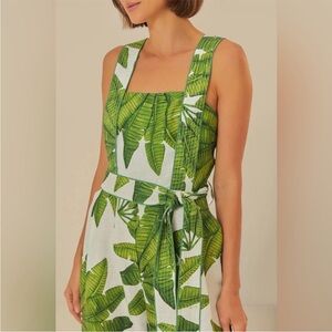 🌿 FARM Rio Palm Fan Wide Leg Jumpsuit w/ Contrast Piping XL 14 16